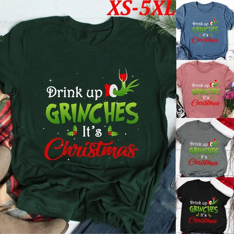 

Drink Up Grinches Short Sleeve T-shirt Letter Printed Christmas Holiday Festive Cute Men Women Tops New