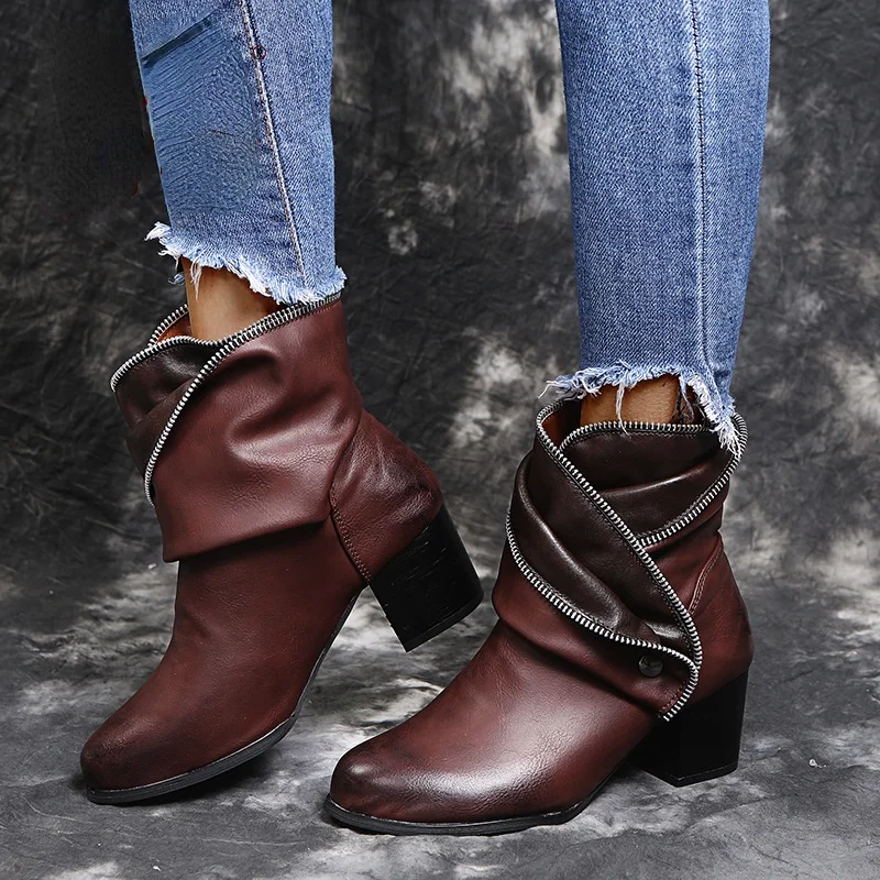 

Rome Women Ankle Boots Vintage Leather Casual High Heels Square Strap Zipper Winter Shoes Plus Size 34-43 Women Shoes