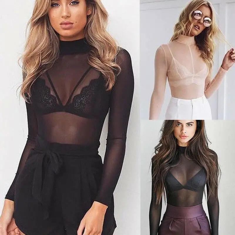 Женская футболка с длинными рукавами однотонная облегающая сетчатая водолазка