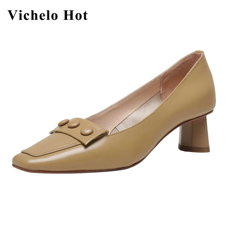 

Vichelo Hot natural leather square toe strange high heels special design beauty lady streetwear concise style women pumps L91