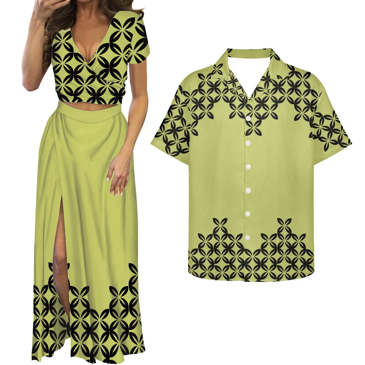 

HYCOOL Fashion Party Yellow Long Skirt And Top Set Polynesian Traditional Tribal Summer 2021 Women Two Piece Set Custom Logo Set