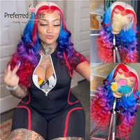 preferred red rainbow highlight wig brazilian remy 13x4 lace front human hair wigs pre plucked transparent lace wigs for women