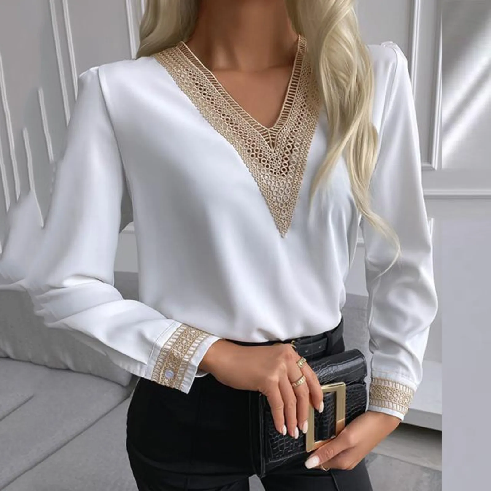 

Fashion Women White Blouse Office Ladies Harajuku Vintage Style Solid Color Lace Patchwork V-Neck Long Sleeve Casual Top Blouse