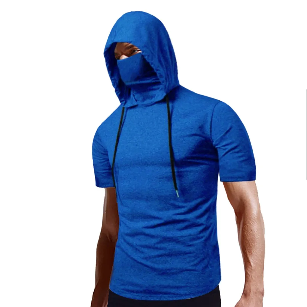 

Sweatshirts Men Hoodies Solid Color Mask Hooded Short-Sleeved Tops Men 2021 New Casual Fashion Short-Sleeved Tops