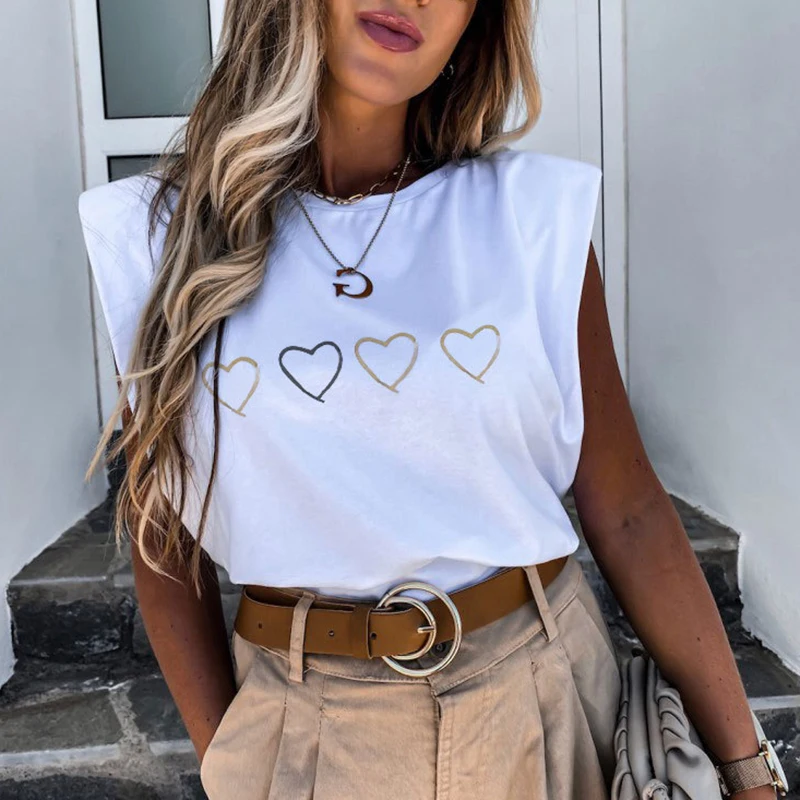 

Summer Women Sleeveless T-shirt Solid Color Cartoon Printed O-Neck Casual Shirt 2021 S-2XL Office Working Fashion Female Tops