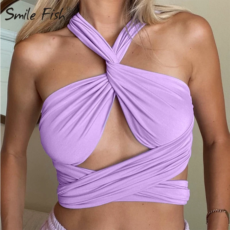 

Solid Vest Halter Crop Tops Women Bandage Hole Sexy Backless Tanks Skinny Party Clubwear Female Hot Outwear Outfits Summer G2512