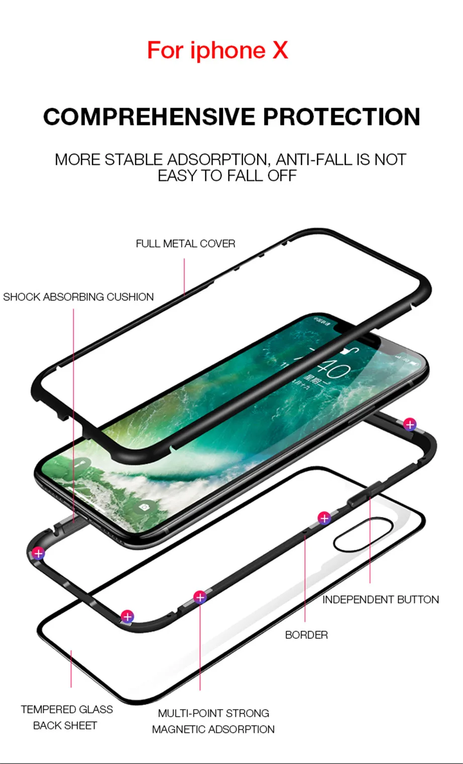 Магнитный адсорбционный металлический чехол на iPhone X XR XS MAX защитный чехол для iPhone 6 6s 7 8 Plus чехол из закаленного стекла