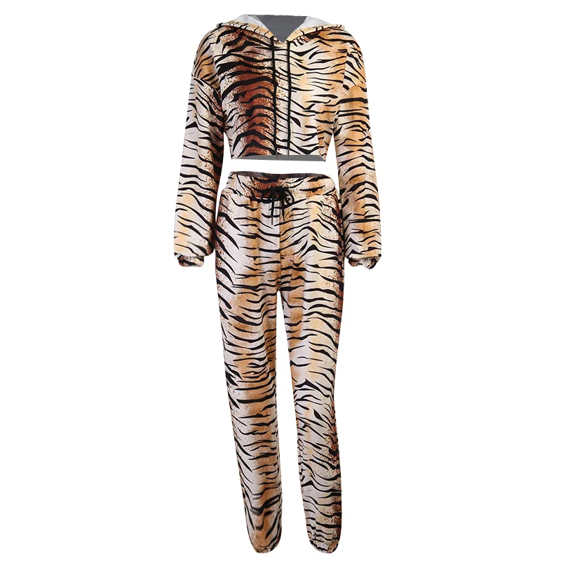 

WannaThis Two Piece Set Women Long Sleeve Hoodie Tops High Waist Women's Pants Trousers Leopard Print Casual Cotton Streetwear