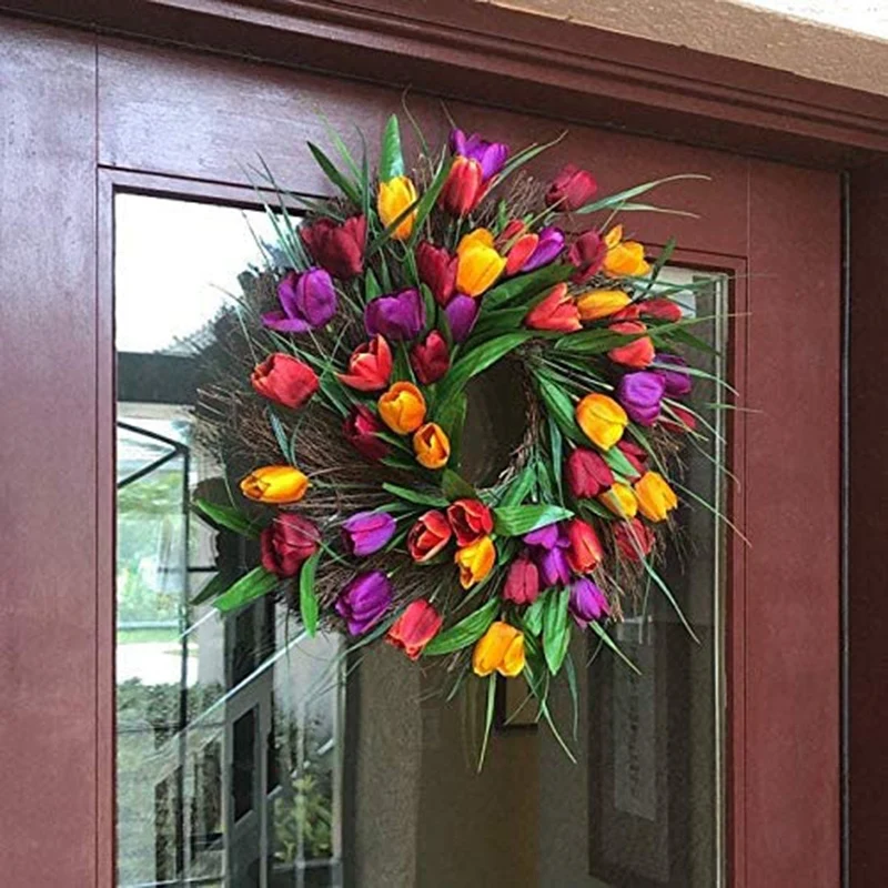 

Home Artificial Tulip Flower Front Door Wreath 16 Inch,Silk Flower Spring Summer Garland Wreath with Green Leaf