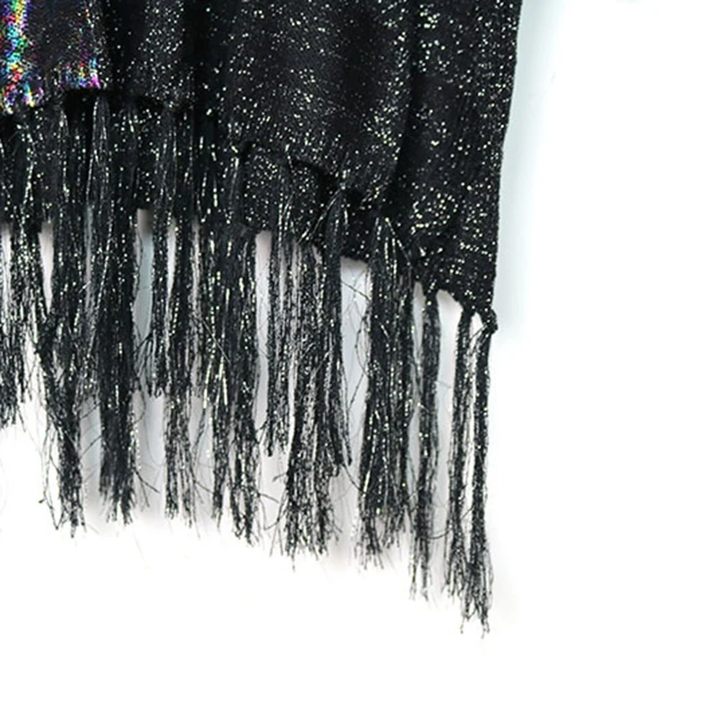 

Black T Shirt For Women O Neck Long Sleeve Patchwork Sequins Hit Color Tassel Designer Knitted T Shirts Female 2020 New V964