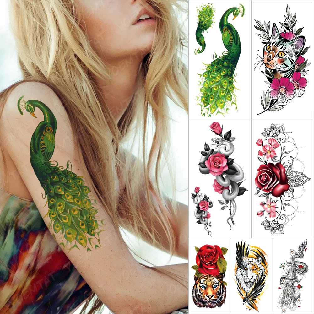 Фото Водостойкая временная татуировка наклейка Павлин Кот Цветы татуировки змея Роза