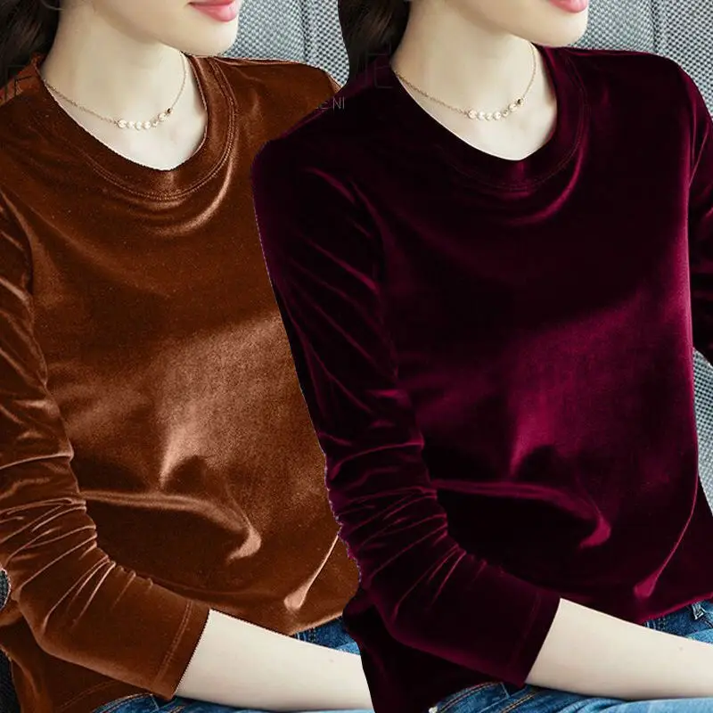 

Velvet Tops Women Long Sleeve T-shirt Solid Color Spring Autumn Velour T-shirts Women Basic Cotton Casual T-shirt Clothes P3 138