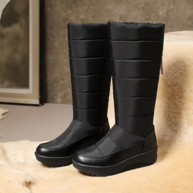 FITWEE Ladies Knee High Snow Boots Keep Warm Fur Wedges Metal Decoration Rhinestone Footwear Size 35-44 | Обувь