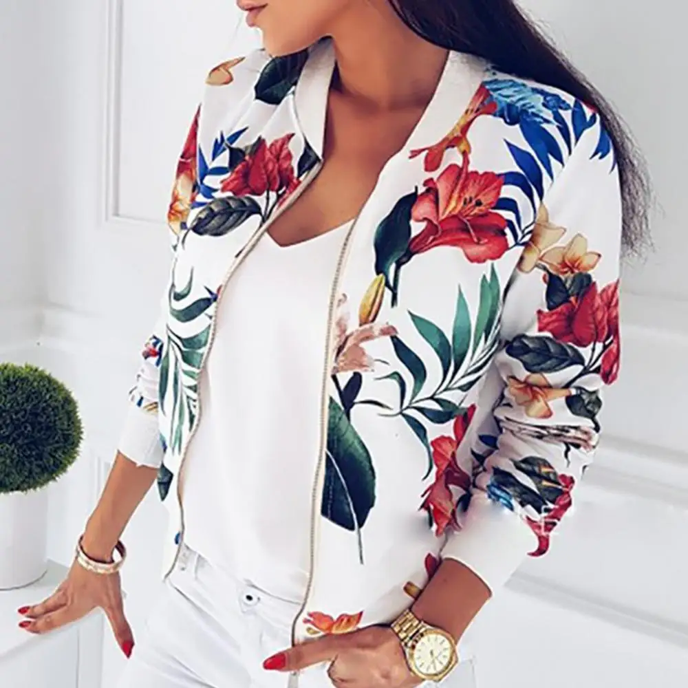 

Ele-choices S-5XL Plus Size Women Autumn&Winter Flower Leaves Print Sports Women Long Sleeve Baseball Jacket Zip Coat for Daily