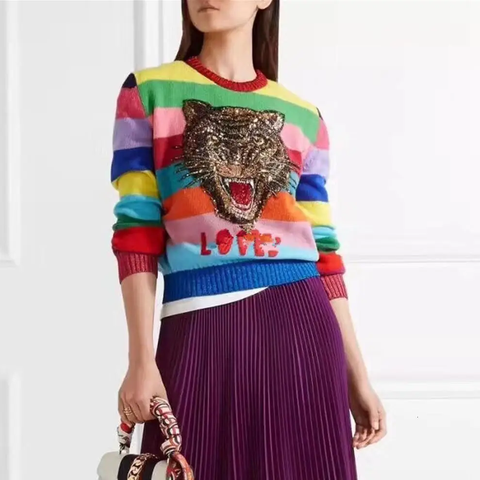 Women Sweater Rainbow Striped Unisex Runway Floral Embroidery Tiger Wool Pullovers Knitted Sweaters Letters Pull Femme Men Tops | Женская