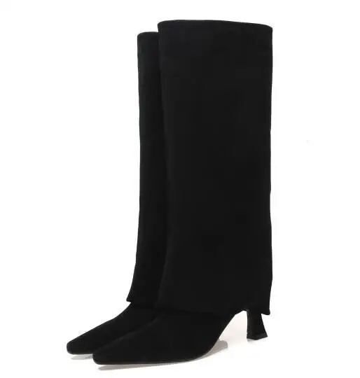 Fashion Woman Black Khaki Solid Color Suede Fold Knee High Frosted Trouser Boots Female Square Toe Tube Slip On Slim Long Botas