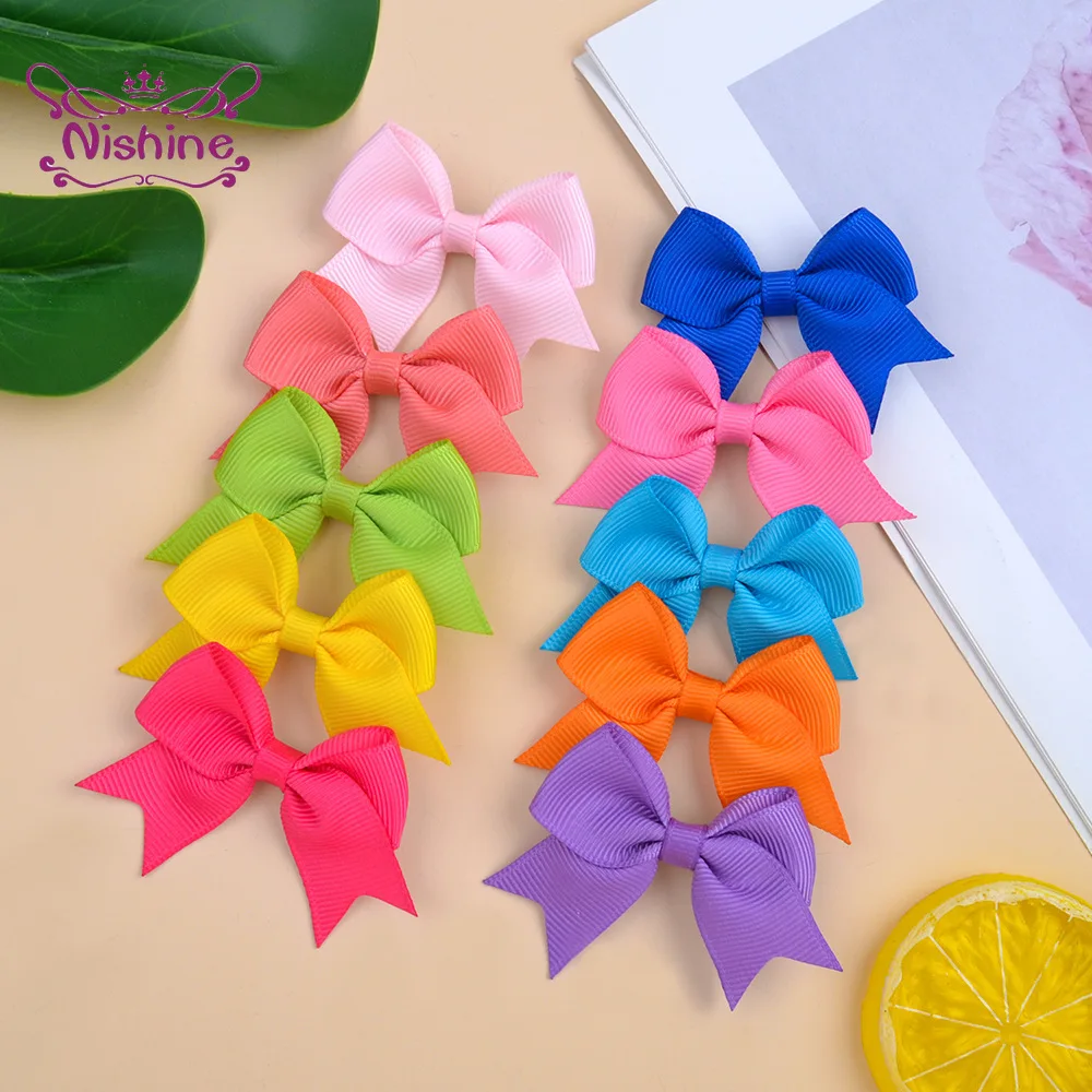 

Nishine 2pcs/set 2.4 Inches Grosgrain Ribbon Bowknot Baby Girls Duckbill Clip Solid Color Infant Bangs Hairpins Kids Accessories