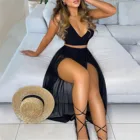 Женское черное длинное платье комплекты сексуальные топы с открытыми плечами и Разделение юбочный костюм Для летних вечеринок комплект из двух предметов Vestidos De Mujer; Праздничное платье