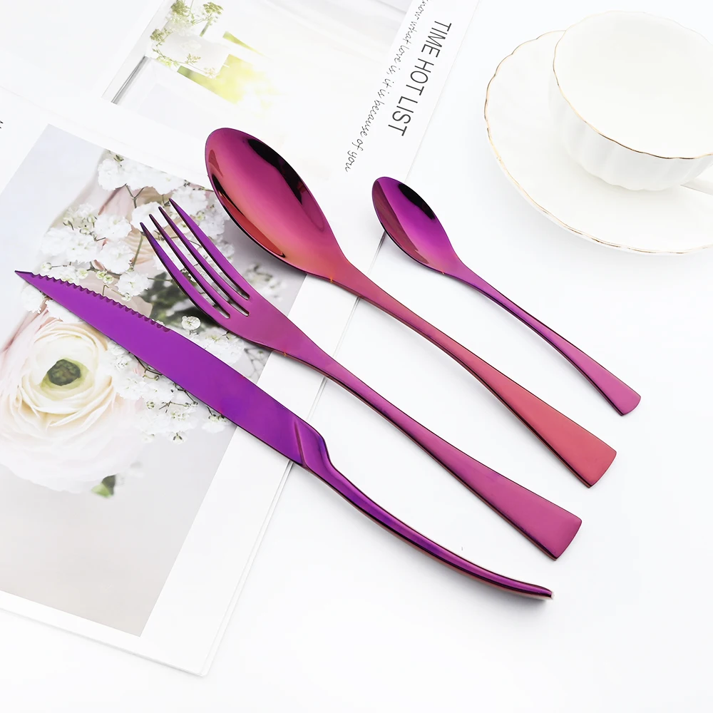 

Silverware Creative Dinner Set Mirror Luxury 4pcs Purple Cutlery 304 Stainless Steel Dinnerware Set Steak Knife Forks Tableware