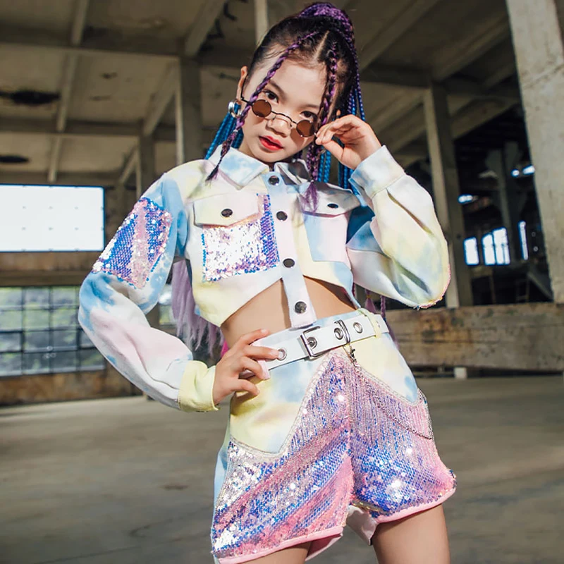 

Танцевальный Костюм Tie-dye для подиума, яркий танцевальный костюм в стиле хип-хоп, сценический костюм с блестками, наряды для концертов, компл...