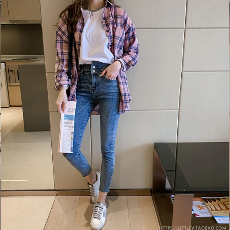 Повседневные женские рубашки, корейская модная одежда, blusas mujer de moda, свободные женские топы, офисные женские рубашки в клетку, женские 6858 50