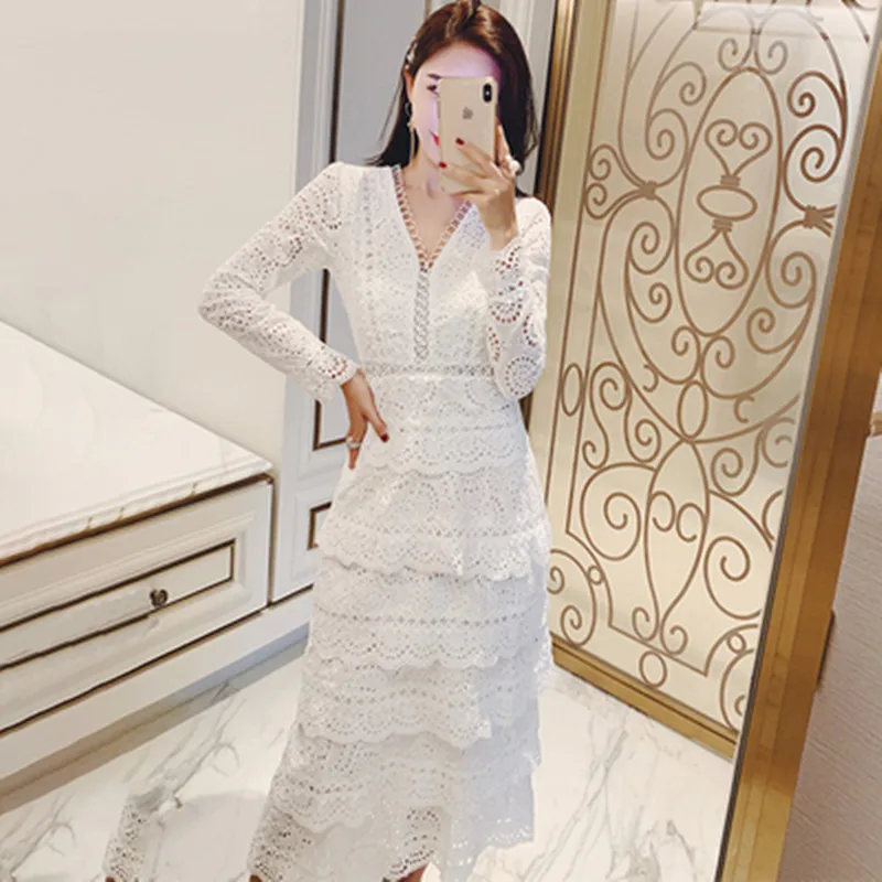 

2020 New Arrive Women Fashion White Long Dress Deep V-neck long Sleeve Ruffled Hollow Out Sexy Female Lace Dress S-XXL