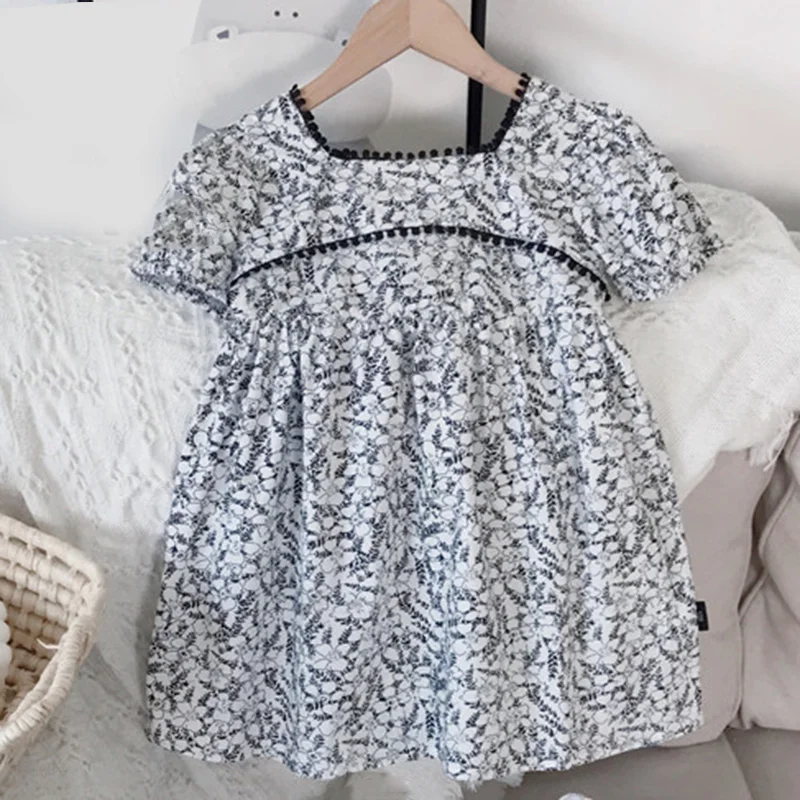 

2021 New Floral Girl Dress Children Clothes Printed Square Neck Puff Sleeve Princess Dress Fashion Summer Dress