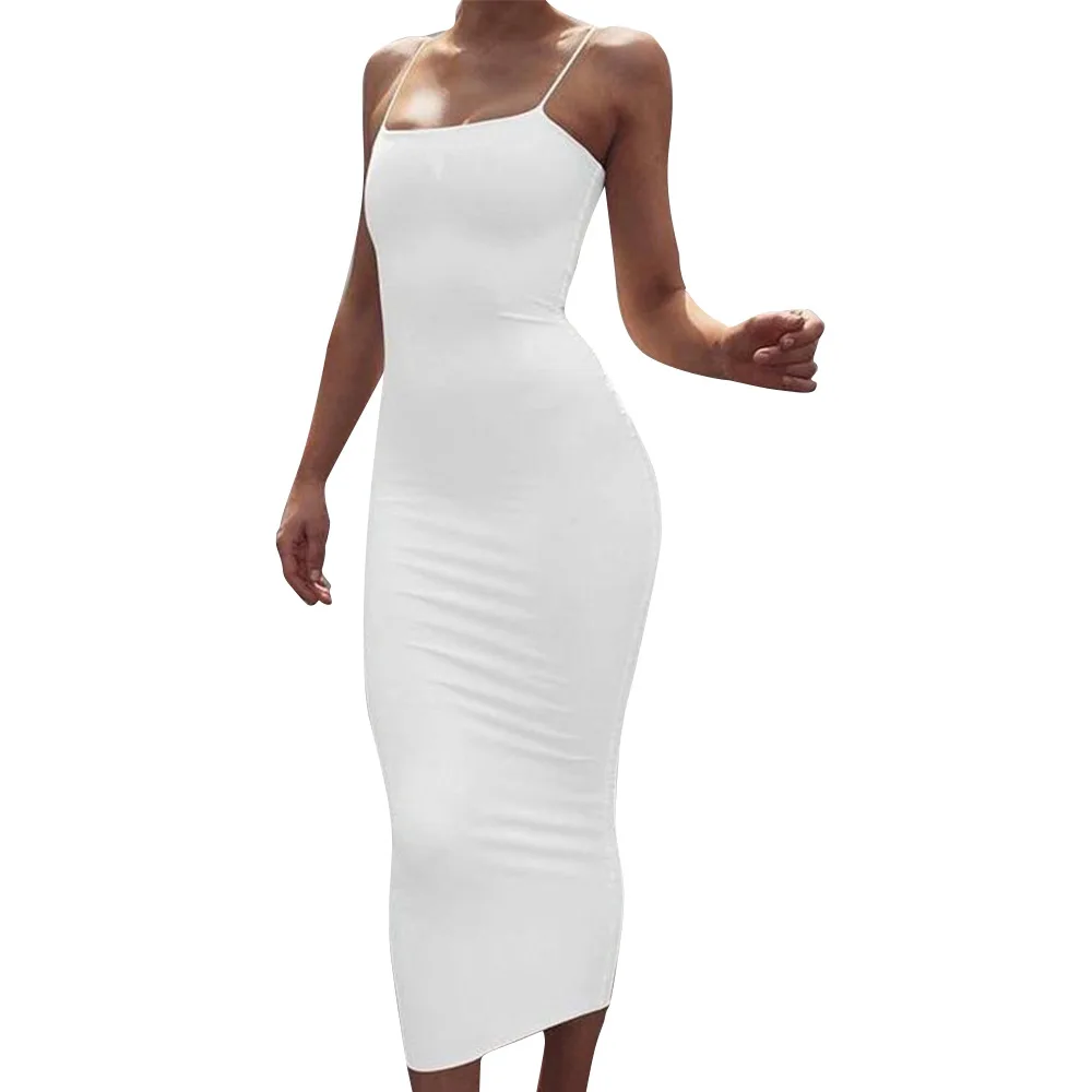 

Summer Fashion Trend Milk Silk Pure Color Suspender Skirt Sexy Backless Slim Fit Bag Hip Long Skirt Dress Women
