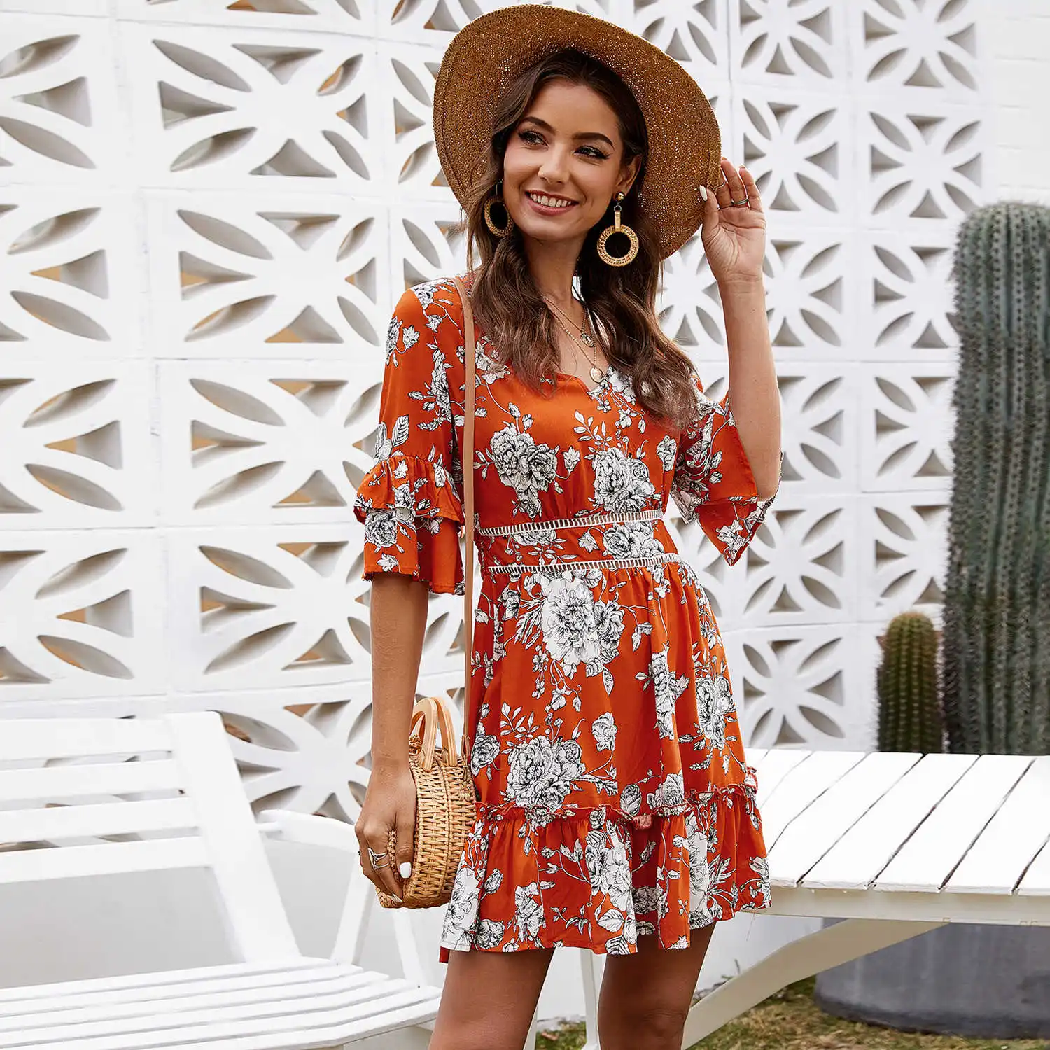 

Backless Sexy V Neck Holiday Print Dress Seaside Casual Women's Dress Spring Summer 2021 New High Waist Fashion Dress