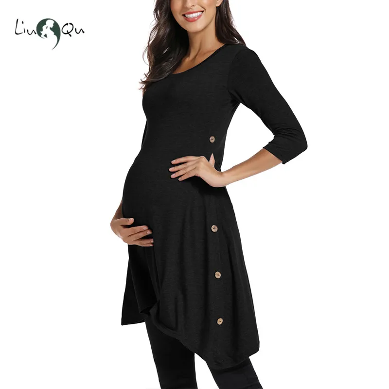 Платье туника с пуговицами на боку для беременных асимметричная зимняя рукавом