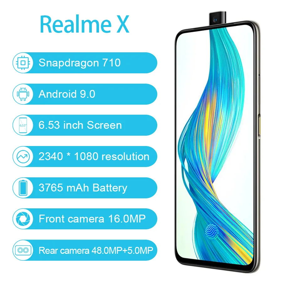 CN версия Realme X 4G LTE Snapdragon 710 Android 9 0 6 53 &quot2340X1080 ГБ/64 ГБ МП отпечаток пальца мобильный