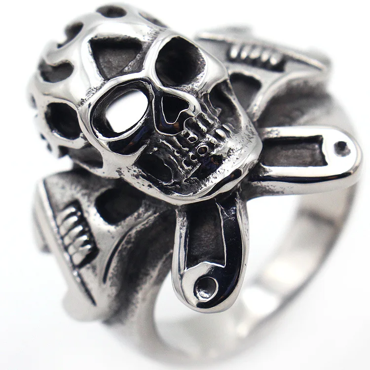 

Aroutty 316L Stainless Steel Men Rings Wrench Skull Punk Gothic Biker Rings For Men's Vintage Ring Jewelry
