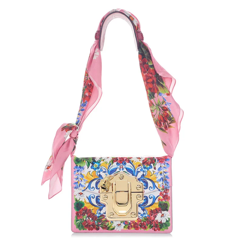 

Fashion New Small Square Bag Women Shoulder Bag Genuine Leather Lock Handbag Western Style Lucky Flower Female Bag Handbag