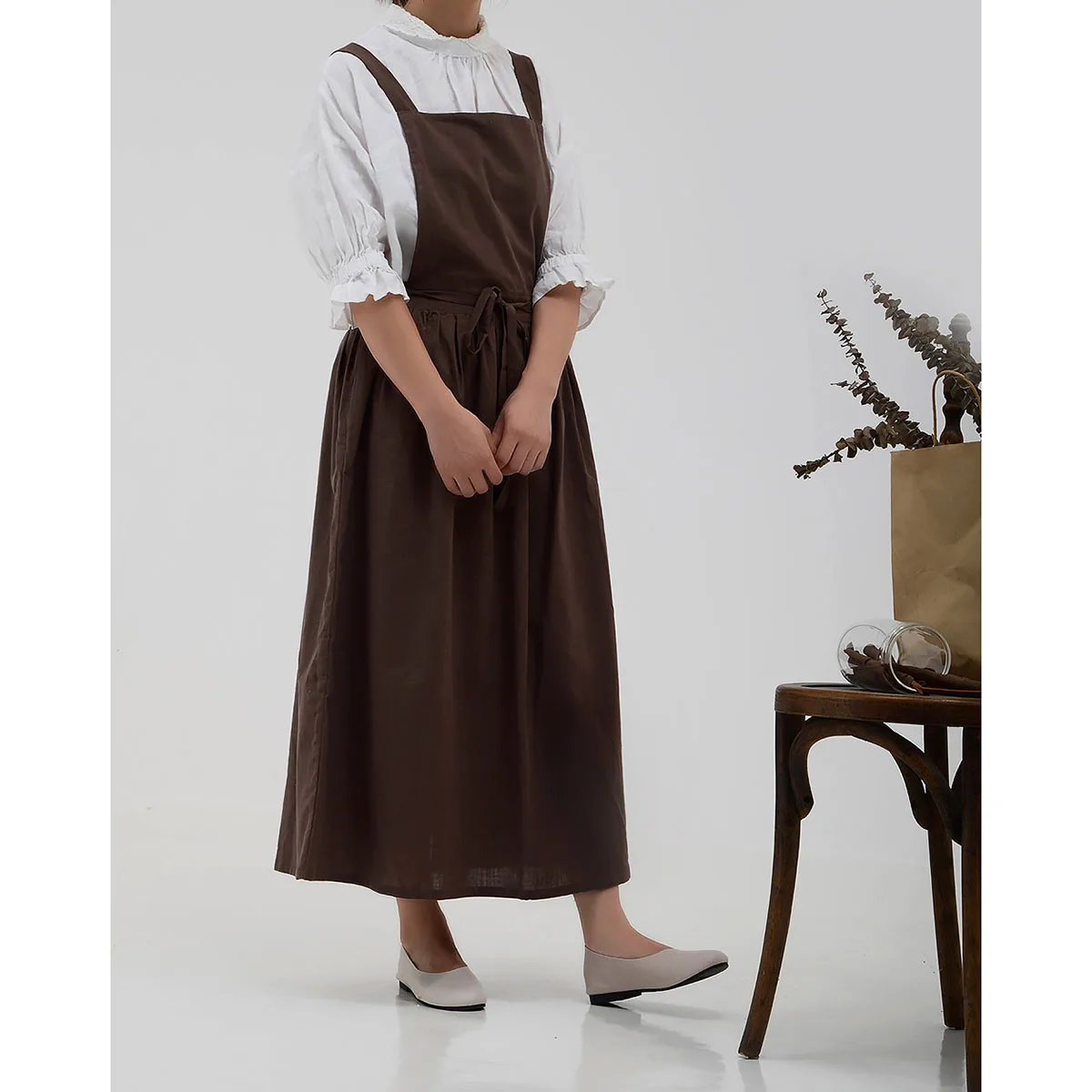 

JAPANESE STYLE COTTON LINEN APRON WOMEN LITERARY HIGH-WAIST MID-LENGTH APRONS PAINTING FLOWER SHOP FLORIST BIB RETRO UNIFORM