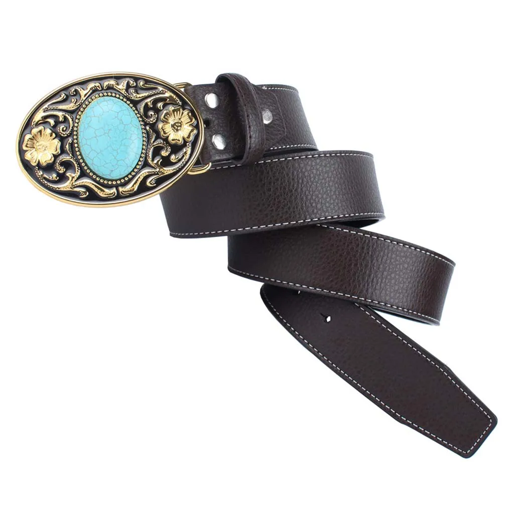 

Western Leather Belt Strap Arabesque Pattern Buckle Adjustable