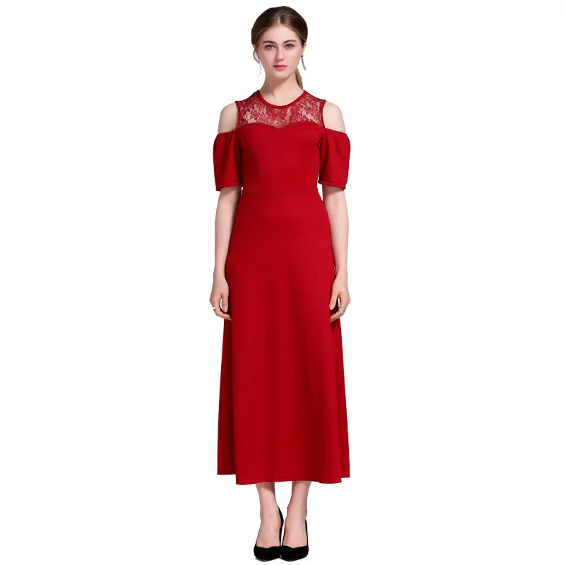 

2021 Off-the-shoulder Short-sleeved Solid Color Dress Elegant Temperament Sexy Hollow Lace Summer and Autumn Over Knee-length