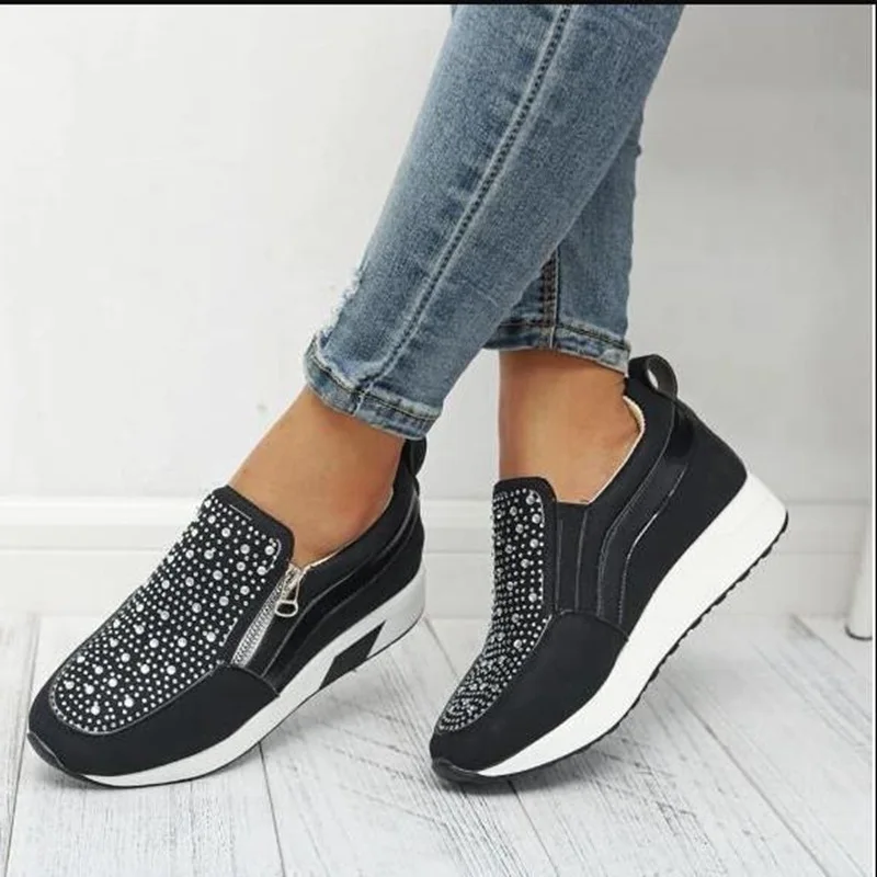 

Women Flat Sneakers Crystal Spring Autumn Casual Flat Ladies Shoes Zipper Style Non-slip Breathable Outdoor Vulcanized Shoesxgv