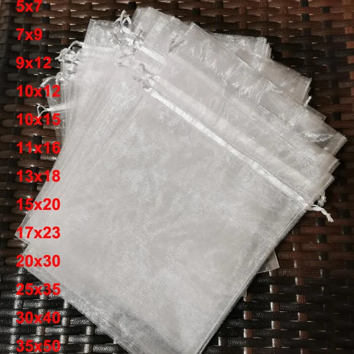 100 шт./лот 5x7 9x12 17x23 25x35 30x40 см большие белые сумки из органзы мешочек на шнурке для
