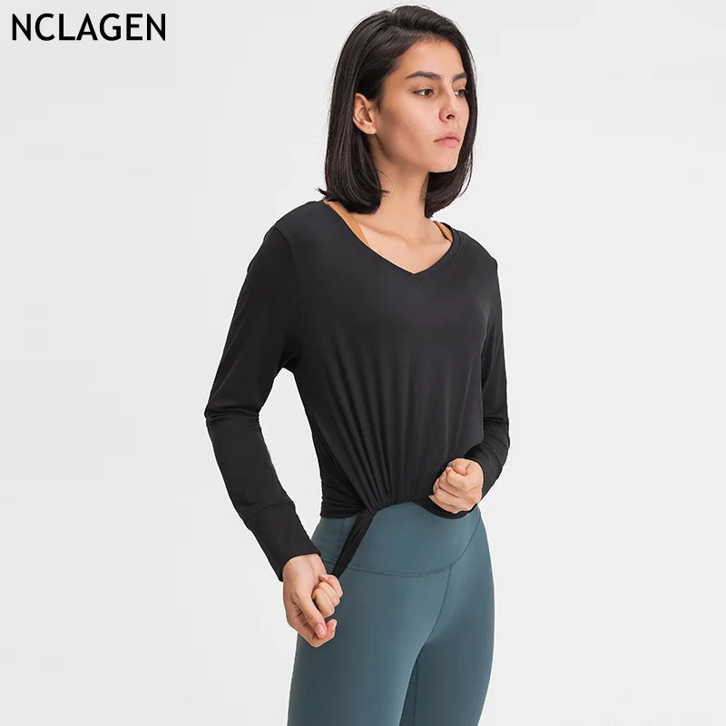 

NCLAGEN Sports Top Loose Women Long Sleeves Yoga Clothes Gym Workout Running Athletic Active Elastic Breathable Fitness Shirt