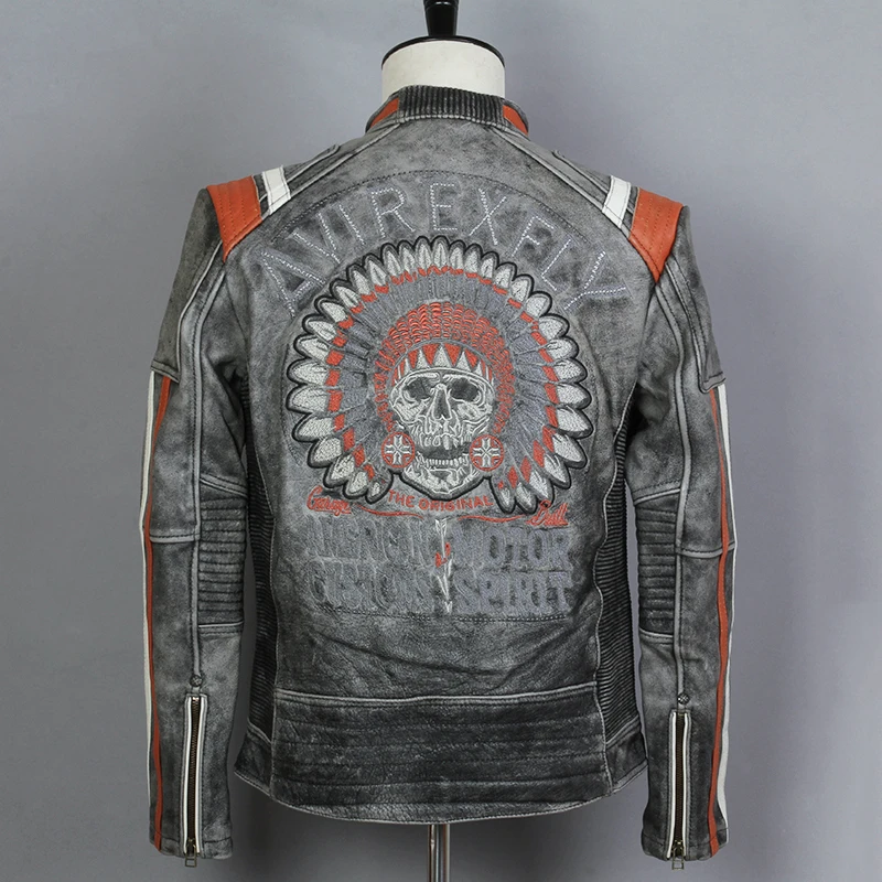 Мужская байкерская куртка FLY AVIREX черная облегающая мотоциклетная из натуральной кожи с черепом в винтажном