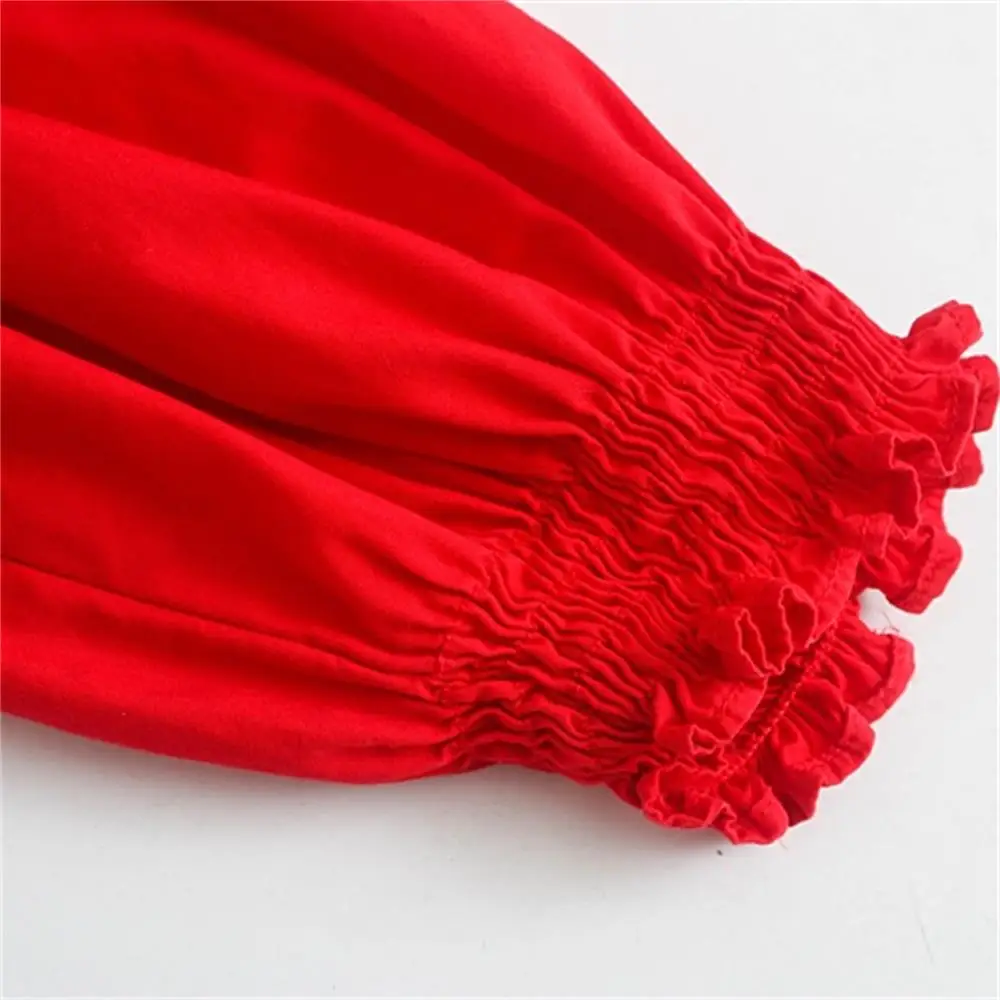 

2020 summer new red cross word shoulder fold V-neck strapless wood ear elastic stretch slim short sleeve shirt