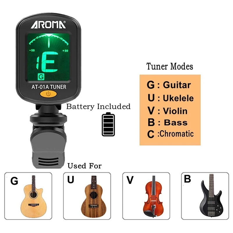 

AROMA Tuner Clip on Chromatic Guitar Bass Violin Ukulele Include Guitar Capo and Picks and Holder (Tuner+Capo)