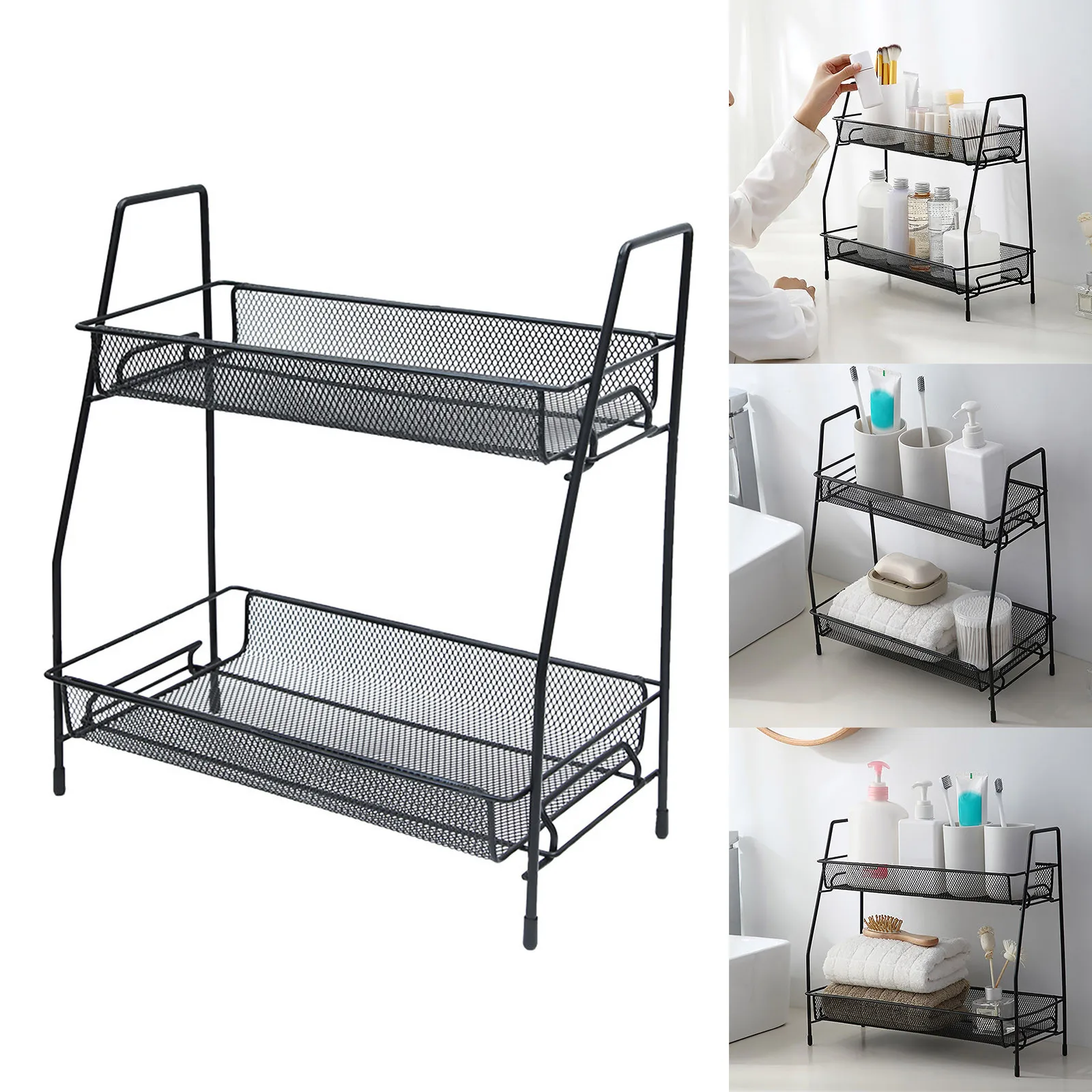 

Double Layer Hollow Shelf Metal Cosmetics Desktop Storage Bathroom Accessories Organizer Storage Rack 2 Tier Shelf Holder