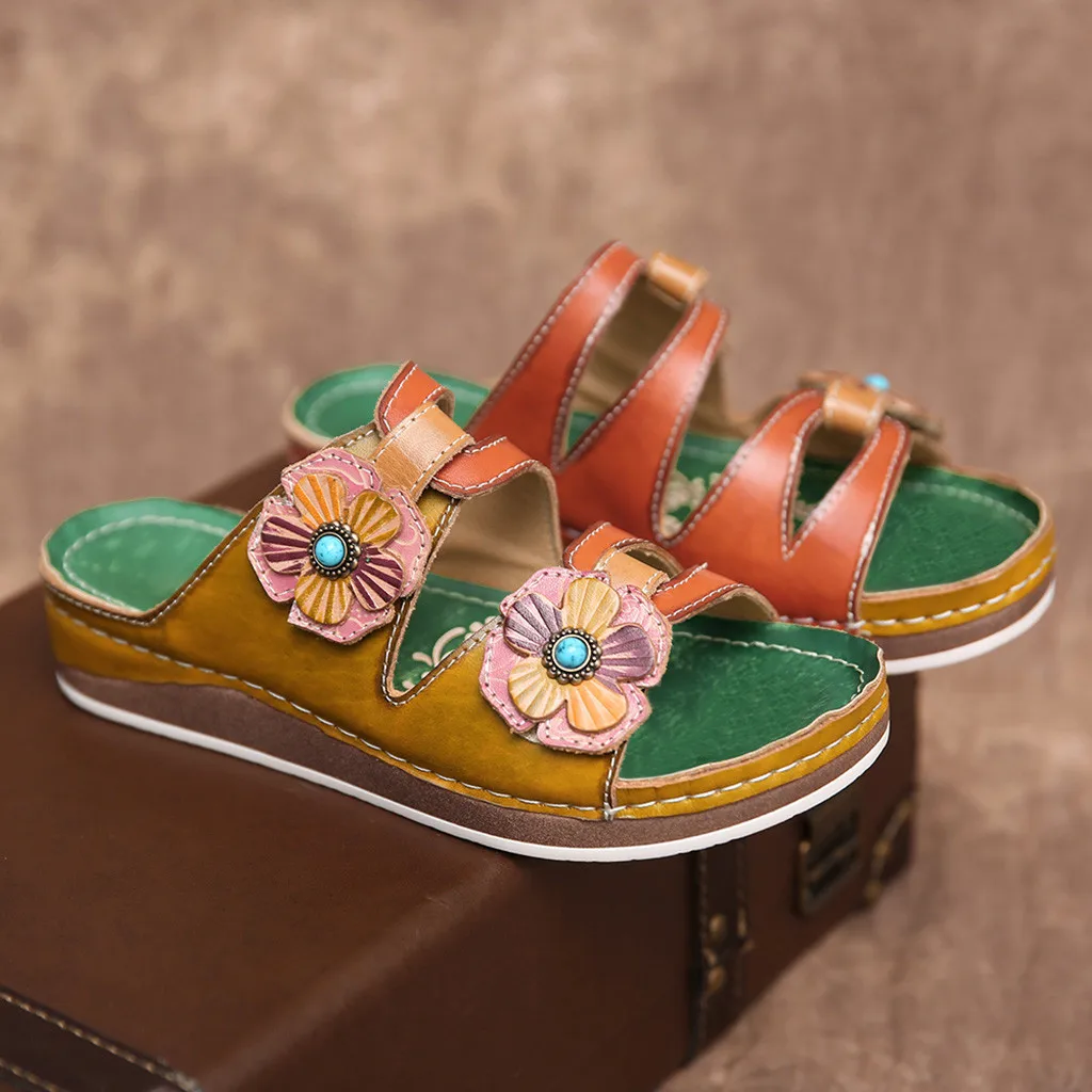 woman slippers Retro Dimensional Flower Material Stitching Sandals Vintage Wedge Shoes женские шлепанцы sandals | Обувь