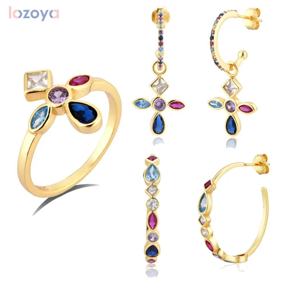 

Lozoya 925 Sterling Silver Five Color Gold Rainbow Ring Jewelry Cross Drop Earring Hoops Piercing Set For Women Fashion Jewels