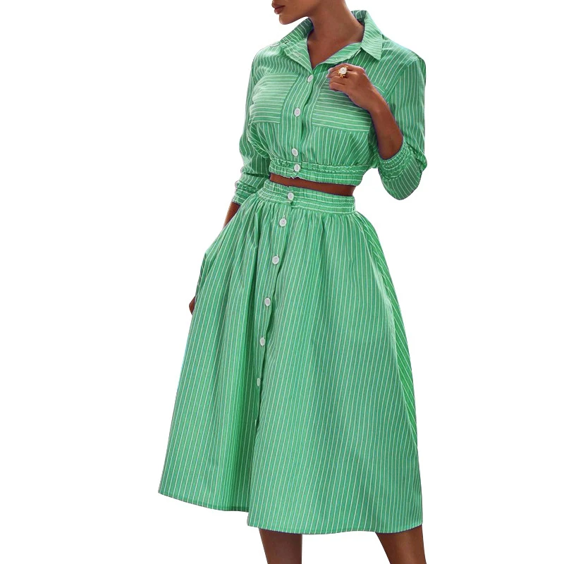 

Women Striped Skirt Two-Piece Set Autumn Short Shirt Single Breasted Turndown Collar Long Skirt Office Casual 2 Piece Suit 2021