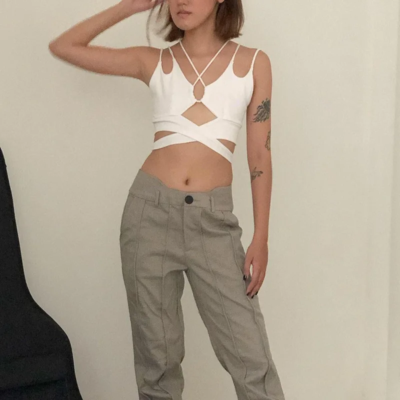 

Women Strappy Crop Cami Top Sexy Sleeveless Spaghetti Strap Self Tie Back Cut Out Camisole Girls Summer Top
