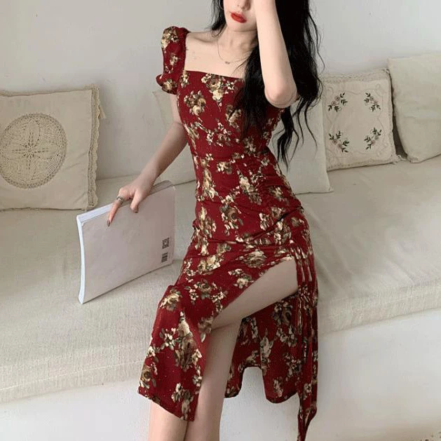 

Elegant Floral Dress Women Short Sleeve Midi Vintage Dress Square Collar French Retro Sexy Party Dress 2021 Summer Korean