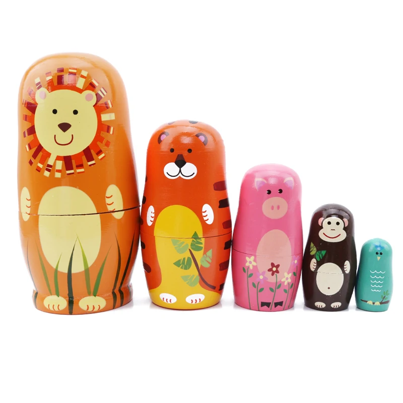 

5 Pcs/Set Children Cute Fun Wooden Doll Cartoon Animal Paint Nesting Dolls Russian Matryoshka Doll Gift for Baby Birthday