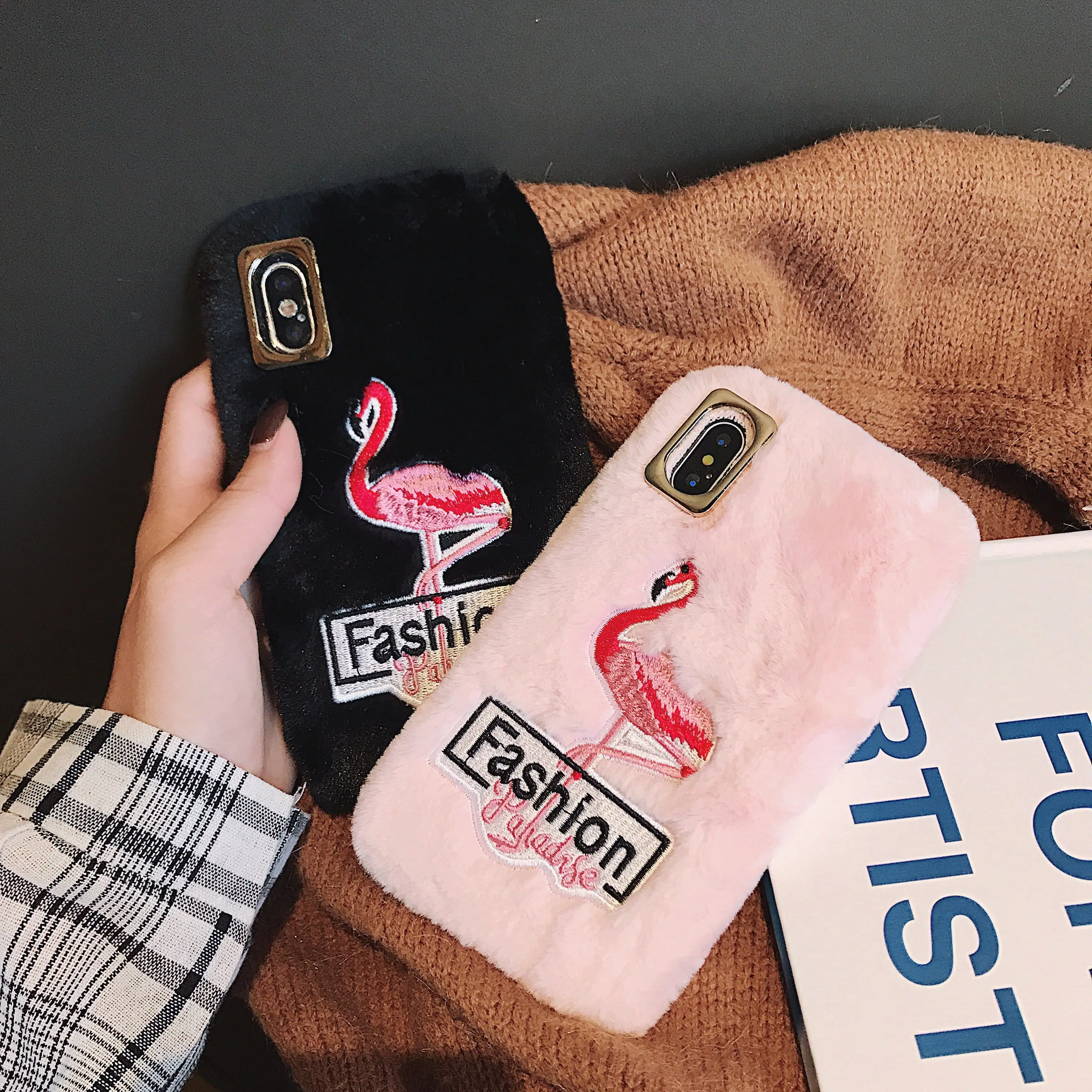 

Flamingo embroidery phone case for iPhone7 plus 8 X XS XR max 11 por max 12 mini